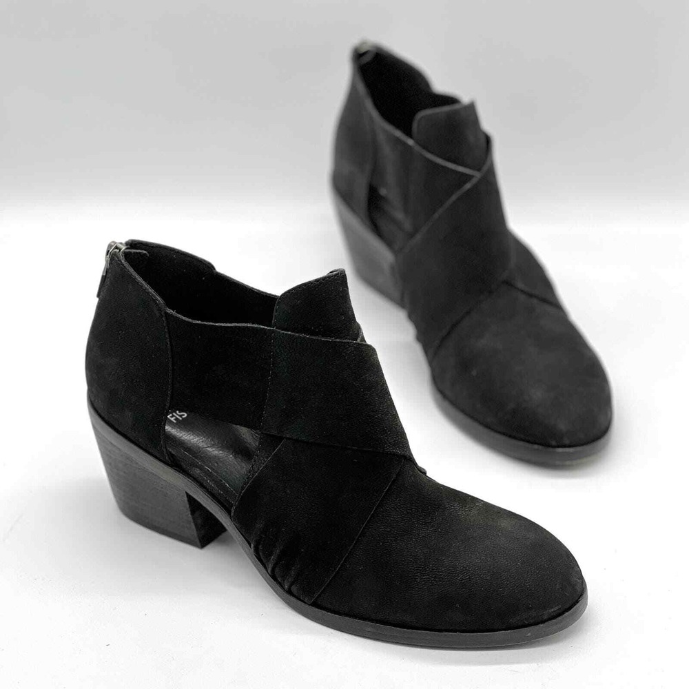 EILEEN FISHER Walt Criss Cross Leather Boot 8 Black Suede Cutout Block Heel